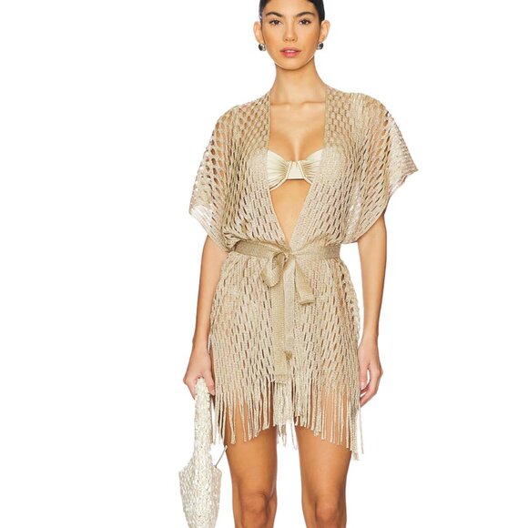 NEW Luli Fama Short Caftan in Gold Knit Swim Coverup Beach Robe - Picture 1 of 5